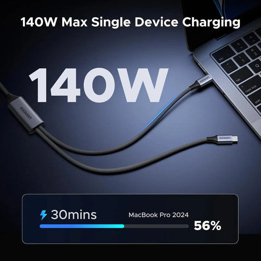 UGREEN - 140 W USB-C-Kabel, 1,5 m langes 2-in-1-USB-C-auf-USB-C-Kabel, für schnelles Aufladen